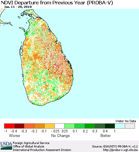 Sri Lanka NDVI Departure from Previous Year (PROBA-V) Thematic Map For 1/11/2018 - 1/20/2018