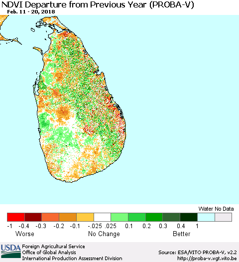 Sri Lanka NDVI Departure from Previous Year (PROBA-V) Thematic Map For 2/11/2018 - 2/20/2018