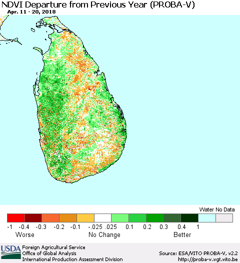 Sri Lanka NDVI Departure from Previous Year (PROBA-V) Thematic Map For 4/11/2018 - 4/20/2018