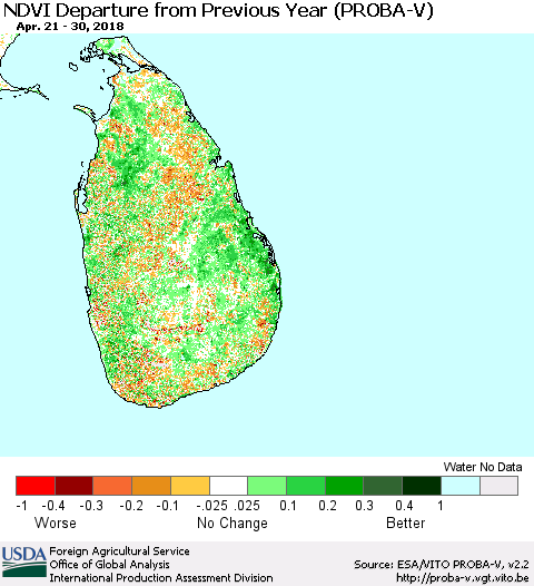 Sri Lanka NDVI Departure from Previous Year (PROBA-V) Thematic Map For 4/21/2018 - 4/30/2018