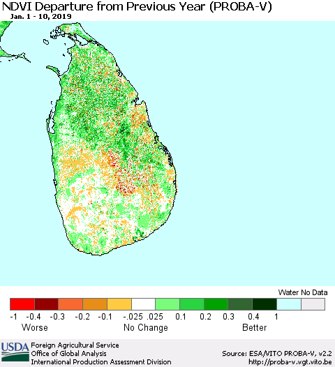 Sri Lanka NDVI Departure from Previous Year (PROBA-V) Thematic Map For 1/1/2019 - 1/10/2019