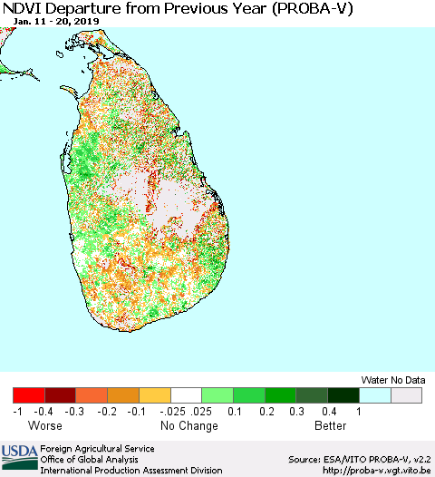 Sri Lanka NDVI Departure from Previous Year (PROBA-V) Thematic Map For 1/11/2019 - 1/20/2019