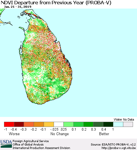 Sri Lanka NDVI Departure from Previous Year (PROBA-V) Thematic Map For 1/21/2019 - 1/31/2019
