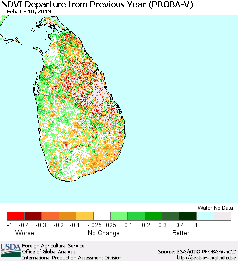 Sri Lanka NDVI Departure from Previous Year (PROBA-V) Thematic Map For 2/1/2019 - 2/10/2019