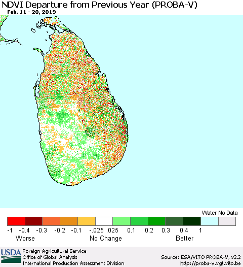 Sri Lanka NDVI Departure from Previous Year (PROBA-V) Thematic Map For 2/11/2019 - 2/20/2019
