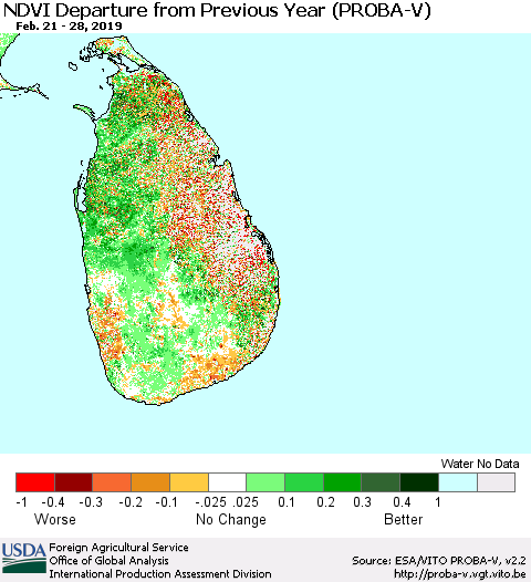 Sri Lanka NDVI Departure from Previous Year (PROBA-V) Thematic Map For 2/21/2019 - 2/28/2019