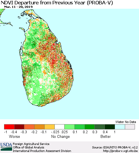 Sri Lanka NDVI Departure from Previous Year (PROBA-V) Thematic Map For 3/11/2019 - 3/20/2019