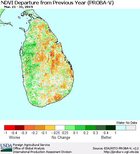 Sri Lanka NDVI Departure from Previous Year (PROBA-V) Thematic Map For 3/21/2019 - 3/31/2019