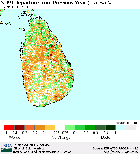 Sri Lanka NDVI Departure from Previous Year (PROBA-V) Thematic Map For 4/1/2019 - 4/10/2019