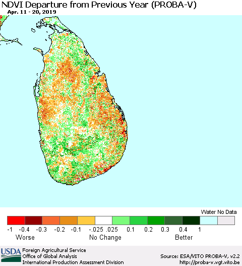 Sri Lanka NDVI Departure from Previous Year (PROBA-V) Thematic Map For 4/11/2019 - 4/20/2019