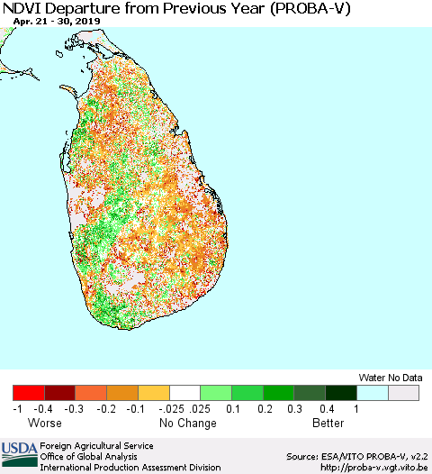 Sri Lanka NDVI Departure from Previous Year (PROBA-V) Thematic Map For 4/21/2019 - 4/30/2019