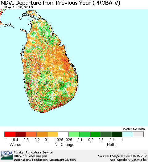 Sri Lanka NDVI Departure from Previous Year (PROBA-V) Thematic Map For 5/1/2019 - 5/10/2019