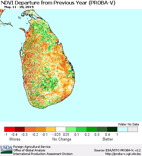 Sri Lanka NDVI Departure from Previous Year (PROBA-V) Thematic Map For 5/11/2019 - 5/20/2019