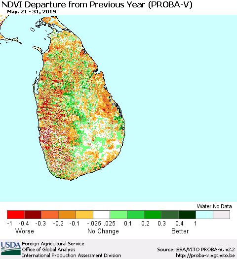 Sri Lanka NDVI Departure from Previous Year (PROBA-V) Thematic Map For 5/21/2019 - 5/31/2019