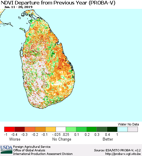 Sri Lanka NDVI Departure from Previous Year (PROBA-V) Thematic Map For 6/11/2019 - 6/20/2019
