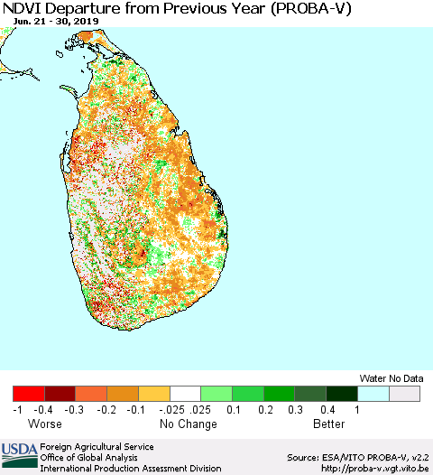 Sri Lanka NDVI Departure from Previous Year (PROBA-V) Thematic Map For 6/21/2019 - 6/30/2019