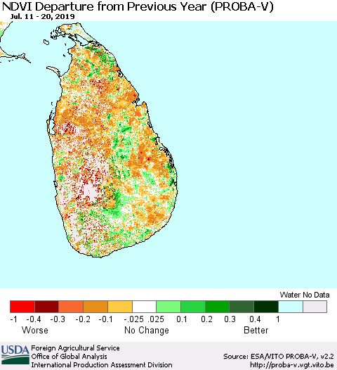 Sri Lanka NDVI Departure from Previous Year (PROBA-V) Thematic Map For 7/11/2019 - 7/20/2019