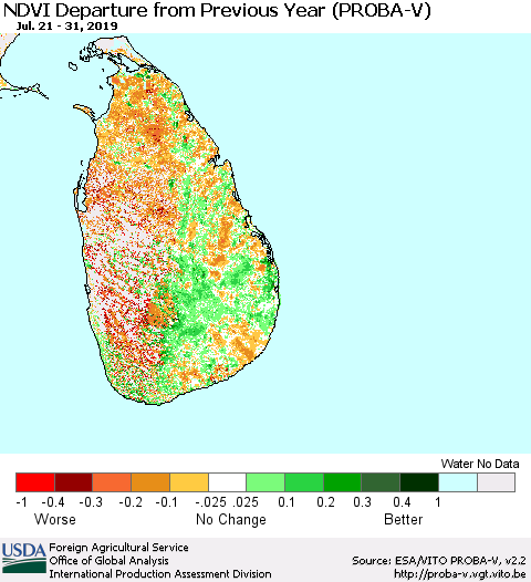 Sri Lanka NDVI Departure from Previous Year (PROBA-V) Thematic Map For 7/21/2019 - 7/31/2019