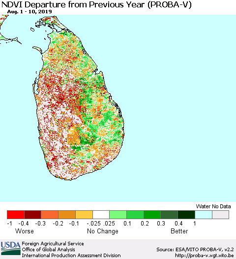 Sri Lanka NDVI Departure from Previous Year (PROBA-V) Thematic Map For 8/1/2019 - 8/10/2019
