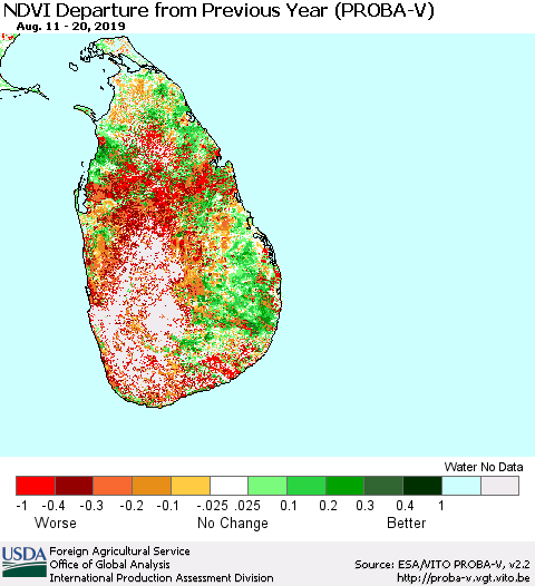 Sri Lanka NDVI Departure from Previous Year (PROBA-V) Thematic Map For 8/11/2019 - 8/20/2019