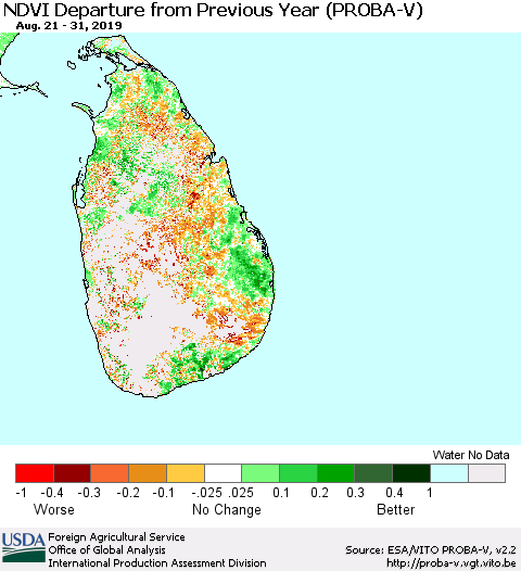 Sri Lanka NDVI Departure from Previous Year (PROBA-V) Thematic Map For 8/21/2019 - 8/31/2019