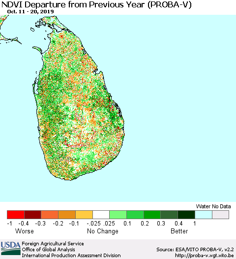 Sri Lanka NDVI Departure from Previous Year (PROBA-V) Thematic Map For 10/11/2019 - 10/20/2019