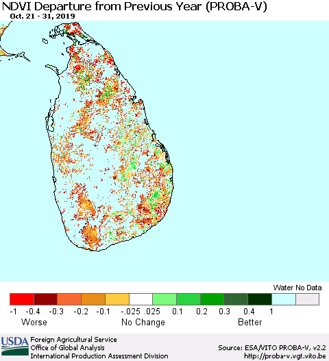 Sri Lanka NDVI Departure from Previous Year (PROBA-V) Thematic Map For 10/21/2019 - 10/31/2019