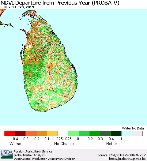 Sri Lanka NDVI Departure from Previous Year (PROBA-V) Thematic Map For 11/11/2019 - 11/20/2019