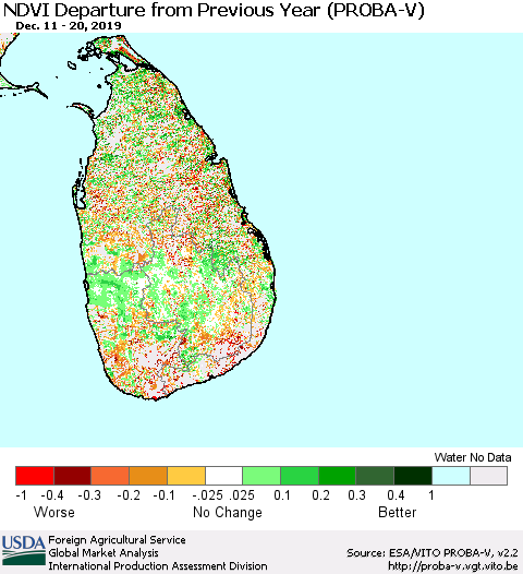 Sri Lanka NDVI Departure from Previous Year (PROBA-V) Thematic Map For 12/11/2019 - 12/20/2019