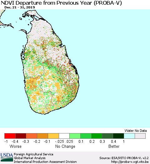 Sri Lanka NDVI Departure from Previous Year (PROBA-V) Thematic Map For 12/21/2019 - 12/31/2019