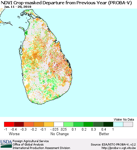 Sri Lanka NDVI Crop-masked Departure from Previous Year (PROBA-V) Thematic Map For 1/11/2018 - 1/20/2018