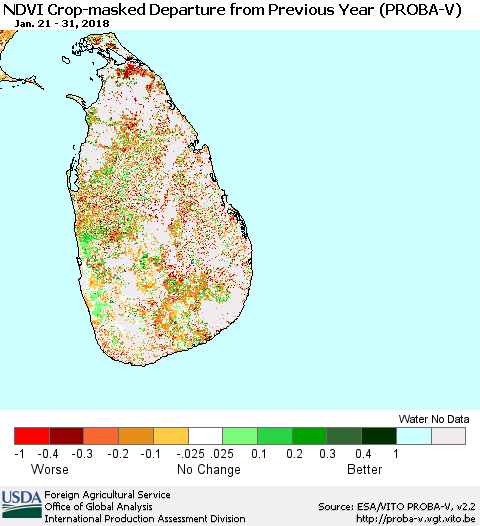 Sri Lanka NDVI Crop-masked Departure from Previous Year (PROBA-V) Thematic Map For 1/21/2018 - 1/31/2018