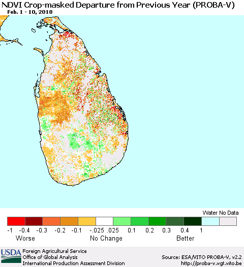Sri Lanka NDVI Crop-masked Departure from Previous Year (PROBA-V) Thematic Map For 2/1/2018 - 2/10/2018
