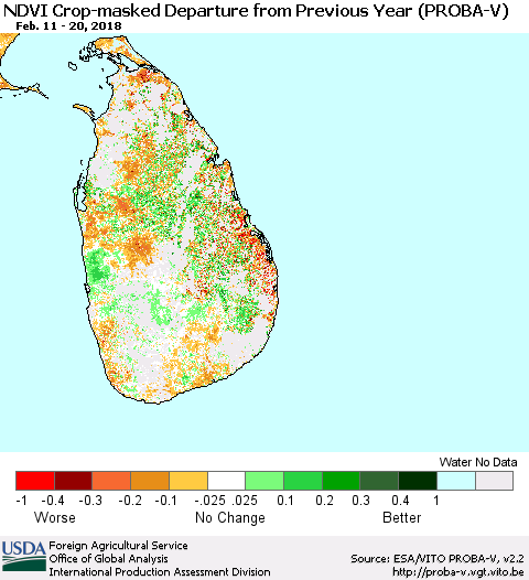 Sri Lanka NDVI Crop-masked Departure from Previous Year (PROBA-V) Thematic Map For 2/11/2018 - 2/20/2018
