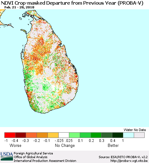 Sri Lanka NDVI Crop-masked Departure from Previous Year (PROBA-V) Thematic Map For 2/21/2018 - 2/28/2018