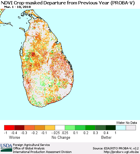 Sri Lanka NDVI Crop-masked Departure from Previous Year (PROBA-V) Thematic Map For 3/1/2018 - 3/10/2018