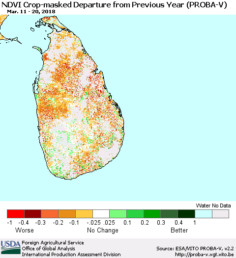 Sri Lanka NDVI Crop-masked Departure from Previous Year (PROBA-V) Thematic Map For 3/11/2018 - 3/20/2018