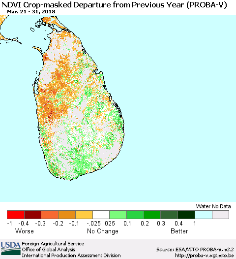 Sri Lanka NDVI Crop-masked Departure from Previous Year (PROBA-V) Thematic Map For 3/21/2018 - 3/31/2018