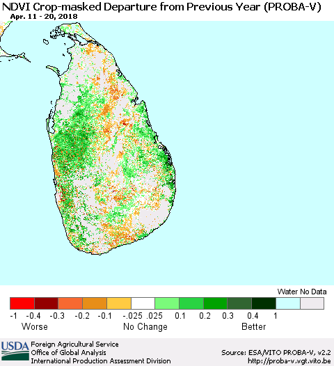 Sri Lanka NDVI Crop-masked Departure from Previous Year (PROBA-V) Thematic Map For 4/11/2018 - 4/20/2018
