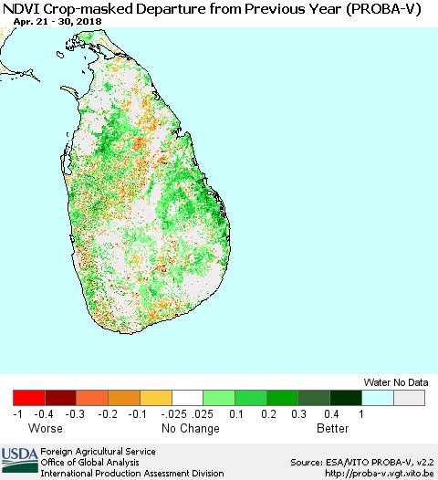 Sri Lanka NDVI Crop-masked Departure from Previous Year (PROBA-V) Thematic Map For 4/21/2018 - 4/30/2018