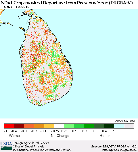 Sri Lanka NDVI Crop-masked Departure from Previous Year (PROBA-V) Thematic Map For 10/1/2018 - 10/10/2018