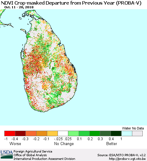 Sri Lanka NDVI Crop-masked Departure from Previous Year (PROBA-V) Thematic Map For 10/11/2018 - 10/20/2018