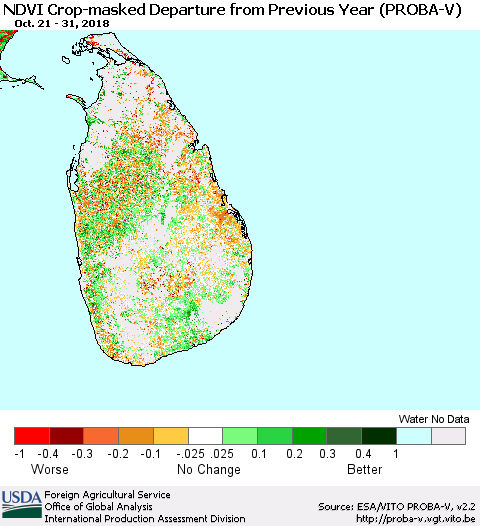 Sri Lanka NDVI Crop-masked Departure from Previous Year (PROBA-V) Thematic Map For 10/21/2018 - 10/31/2018