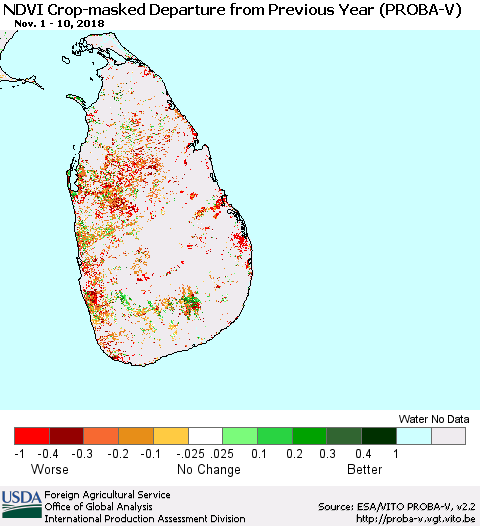 Sri Lanka NDVI Crop-masked Departure from Previous Year (PROBA-V) Thematic Map For 11/1/2018 - 11/10/2018