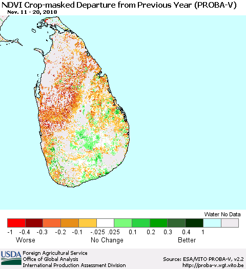 Sri Lanka NDVI Crop-masked Departure from Previous Year (PROBA-V) Thematic Map For 11/11/2018 - 11/20/2018