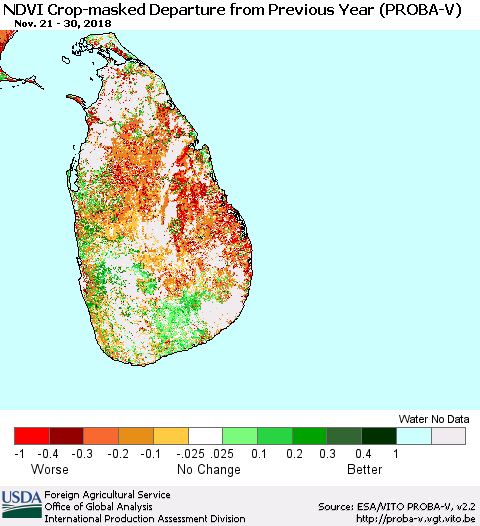 Sri Lanka NDVI Crop-masked Departure from Previous Year (PROBA-V) Thematic Map For 11/21/2018 - 11/30/2018