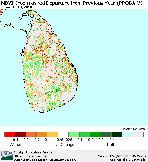 Sri Lanka NDVI Crop-masked Departure from Previous Year (PROBA-V) Thematic Map For 12/1/2018 - 12/10/2018