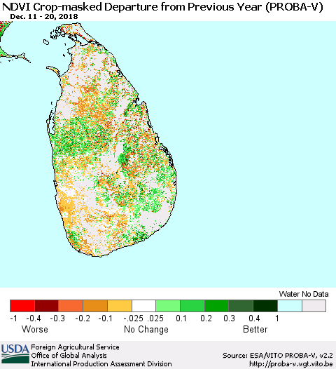 Sri Lanka NDVI Crop-masked Departure from Previous Year (PROBA-V) Thematic Map For 12/11/2018 - 12/20/2018