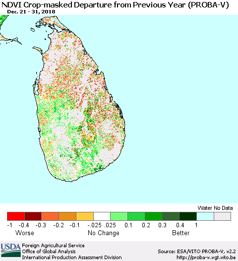 Sri Lanka NDVI Crop-masked Departure from Previous Year (PROBA-V) Thematic Map For 12/21/2018 - 12/31/2018
