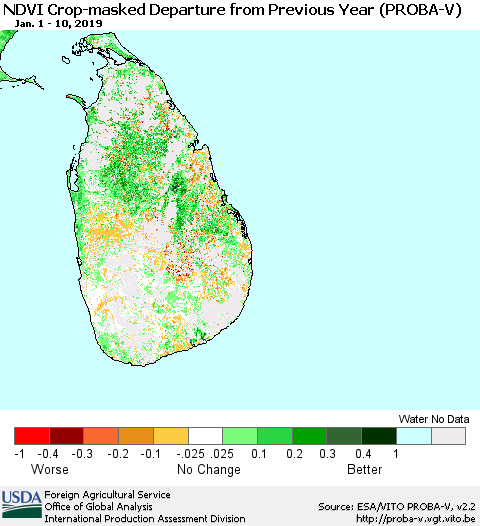 Sri Lanka NDVI Crop-masked Departure from Previous Year (PROBA-V) Thematic Map For 1/1/2019 - 1/10/2019